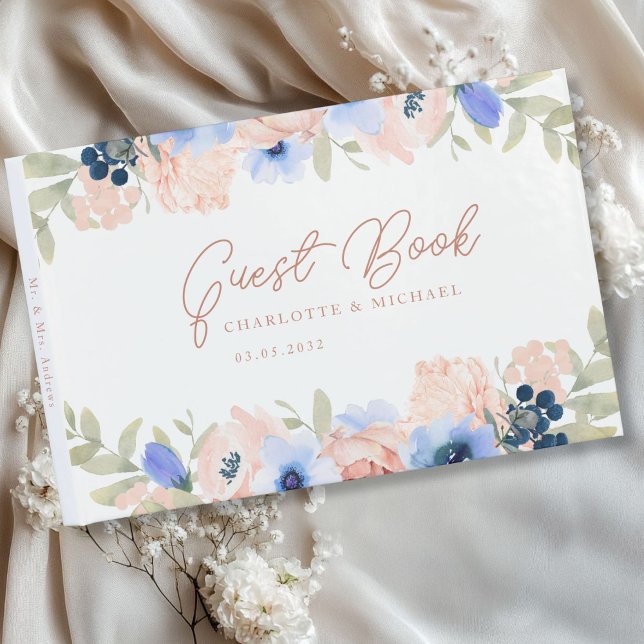 Livro De Visitas Peach Blue Blush Weds (Peach Blue Blush Wedding Guest Book with your name and date.)
