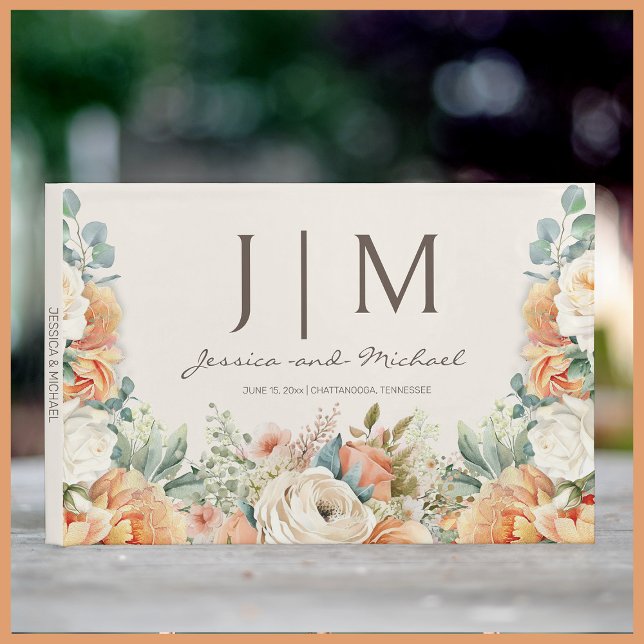 Livro De Visitas Peach Cream Floral Eucalyptus Wedding (Elegant peach and cream-colored watercolor floral wedding guestbook)