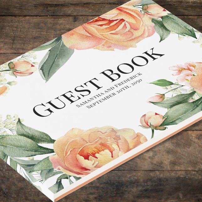 Livro De Visitas Peach Floral de Casamento Elegante (Peach floral Wedding guest book.)