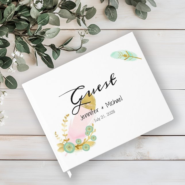 Livro De Visitas Penas Douradas e rosa-boho (Criador carregado)