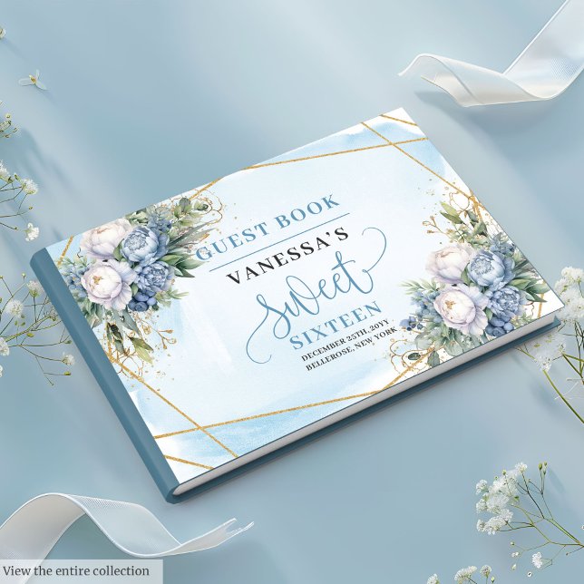 Livro De Visitas Pêonias Brancas Azuis Pastel Encantadas Doze (Enchanted Pastel Blue White Peonies Sweet Sixteen Guest Book)