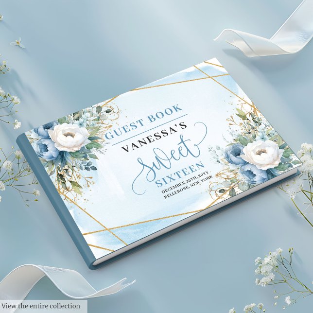 Livro De Visitas Pêonias Brancas Azuis sofisticadas Doce Doce 16 (Sophisticated Dusty Blue White Peonies Sweet Sixteen Guest Book)