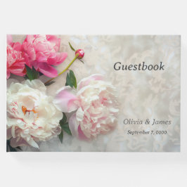 Livro De Visitas Pêonias cor-de-rosa e brancas com fundo de rendas