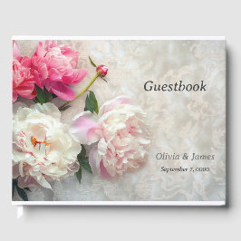Livro De Visitas Pêonias cor-de-rosa e brancas com fundo de rendas