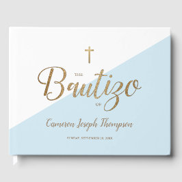 Livro De Visitas Personalizado Moderno Ouro Azul Cruz Bebê Bautizo