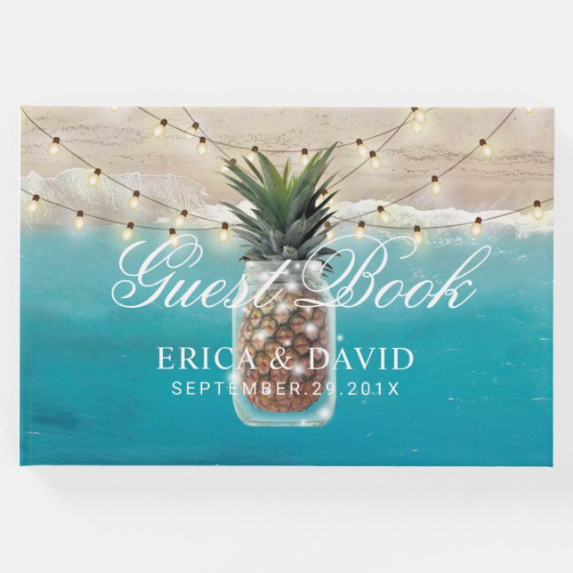 Livro De Visitas Pineapple Jar String Luz Casamento Tropical Praia (Frente)