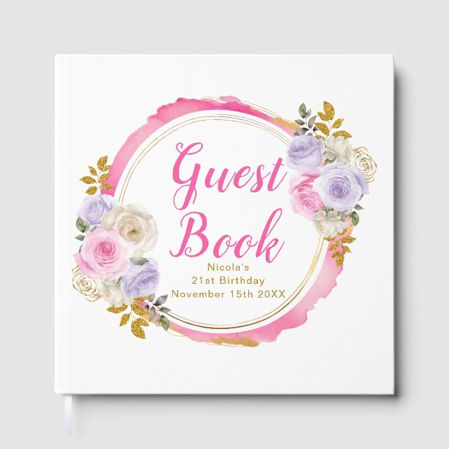 Livro De Visitas Pink and Purple Elegant Flowers Birthday Party (Frente)