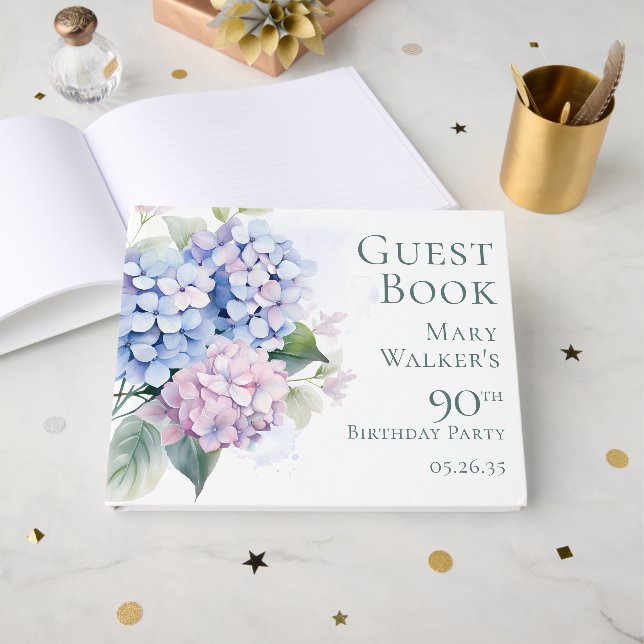 Livro De Visitas Pink Blue Hydrangeas 90th Birthday  (Frente aberta)