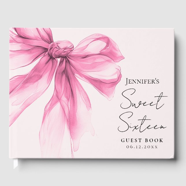 Livro De Visitas Pink Bow Coquette Script Sweet 16 Blush  (Frente)