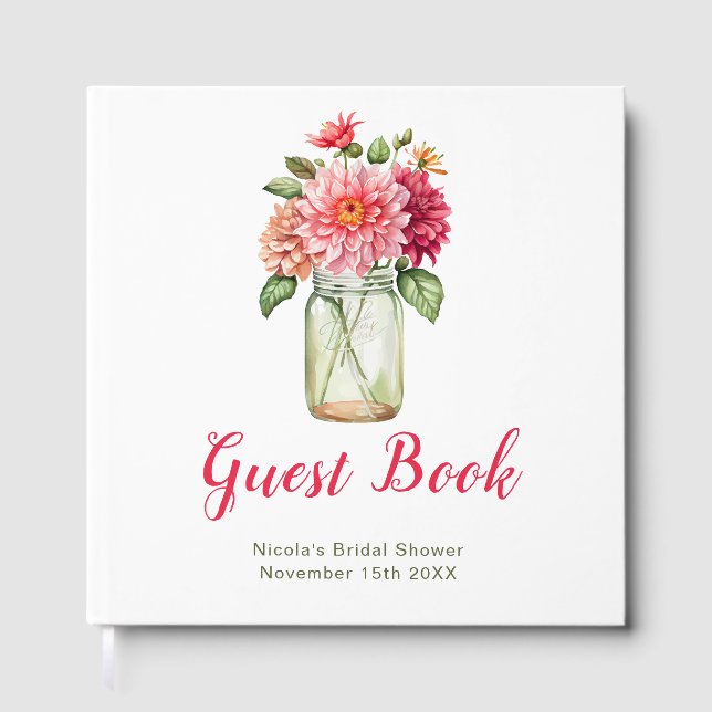 Livro De Visitas Pink Dahlias Mason Jar Bridal Shower (Frente)