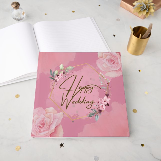 Livro De Visitas Pink Floral Happy Weding Guest Book (Frente aberta)