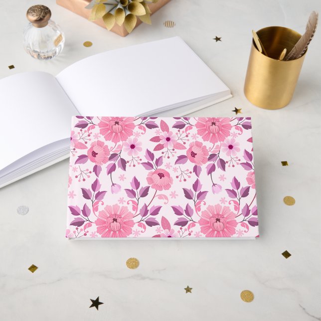 Livro De Visitas Pink Floral Pattern  with Elegant Blossoms (Frente aberta)