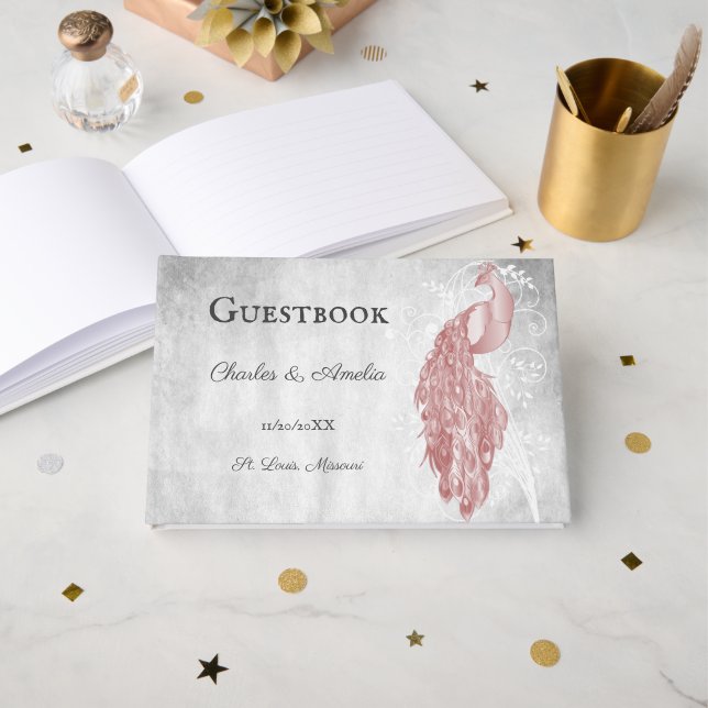 Livro De Visitas Pink Peacock Weding Guest Book (Frente aberta)