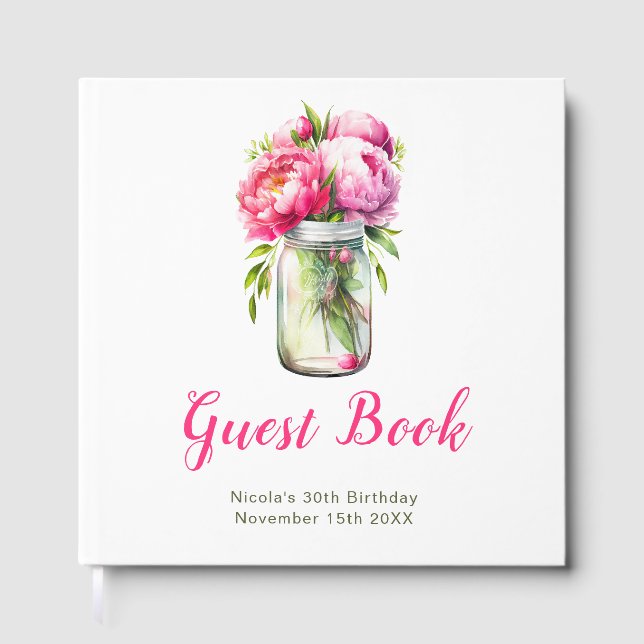 Livro De Visitas Pink Peonies Mason Jar Birthday Party (Frente)