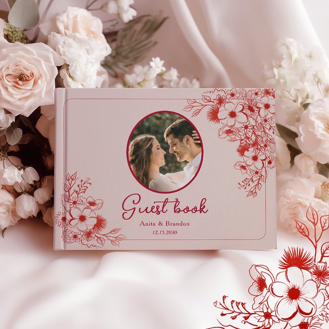 Livro De Visitas Pink Red Floral Photo Wedding (Criador carregado)