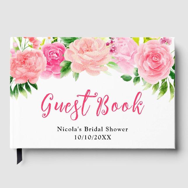 Livro De Visitas Pink Roses with Foliage Bridal Shower (Frente)