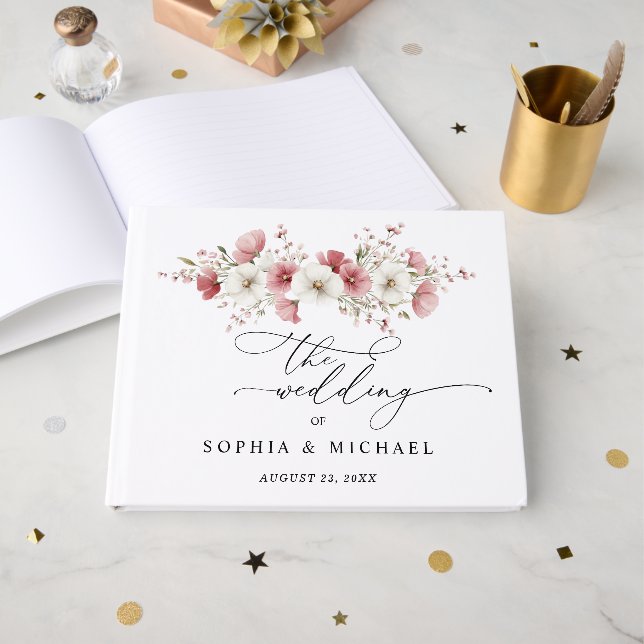 Livro De Visitas Pink Wild Flowers Wedding Guest Book (Frente aberta)