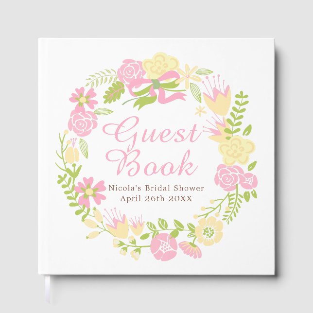 Livro De Visitas Pink & Yellow Floral Wreath Bridal Shower (Frente)