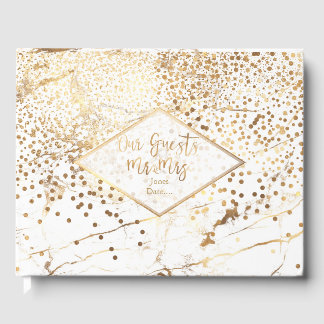 Livro De Visitas PixDezines MÁRMORE BRANCO+CONFETES DOURADOS FALSOS