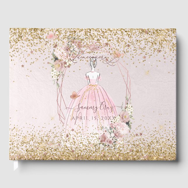 Livro De Visitas PixDezines Quinceanera Blush Dourado H2, cor-de-ro (Frente)
