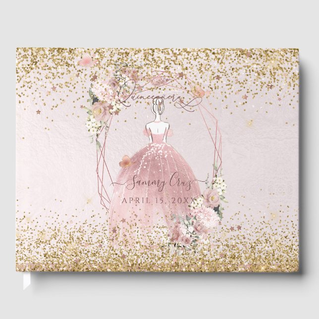 Livro De Visitas PixDezines Quinceanera Dusty Rosa Dourado H2 (Frente)