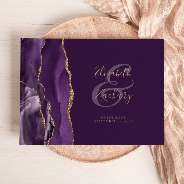 Livro De Visitas Plum de Script Dourado de Agato Roxo Moderno (Criador carregado)