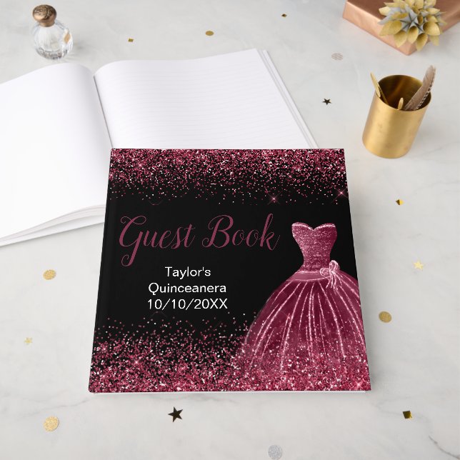 Livro De Visitas Plum Purple Dress Faux Glitter Quinceanera (Frente aberta)