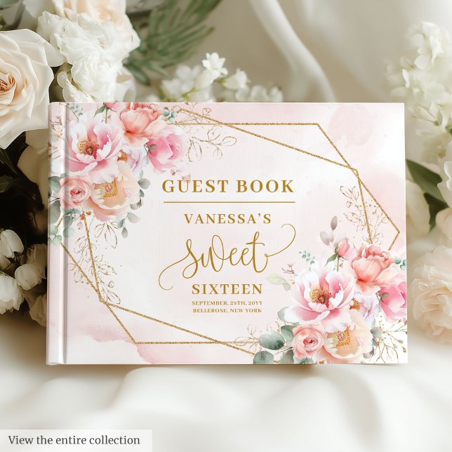 Livro De Visitas Pó Elegante Sage Rosa Dourado Floral Sweet Sessent (Elegant Powder Pink Sage Gold Floral Sweet Sixteen Guest Book)