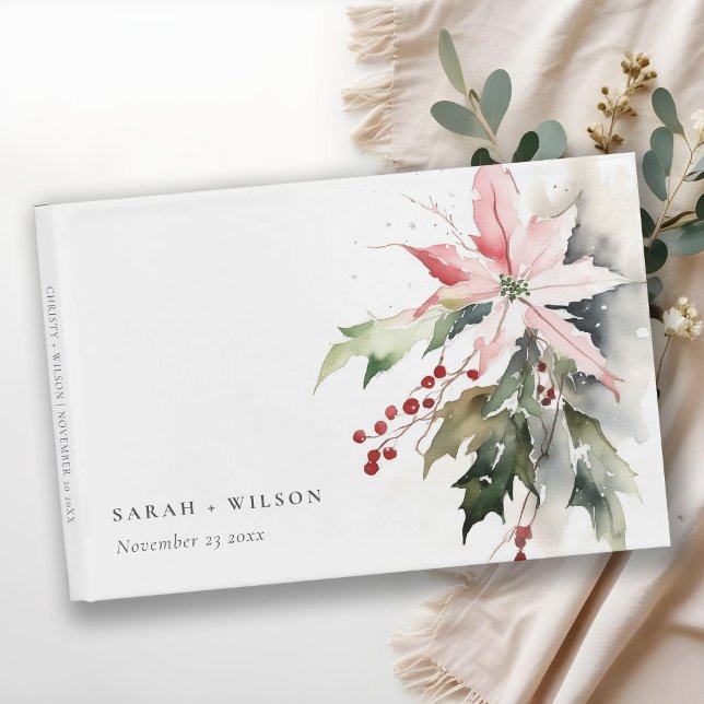 Livro De Visitas Poinsettia Berries Foliage Watercolor Casamento (Criador carregado)