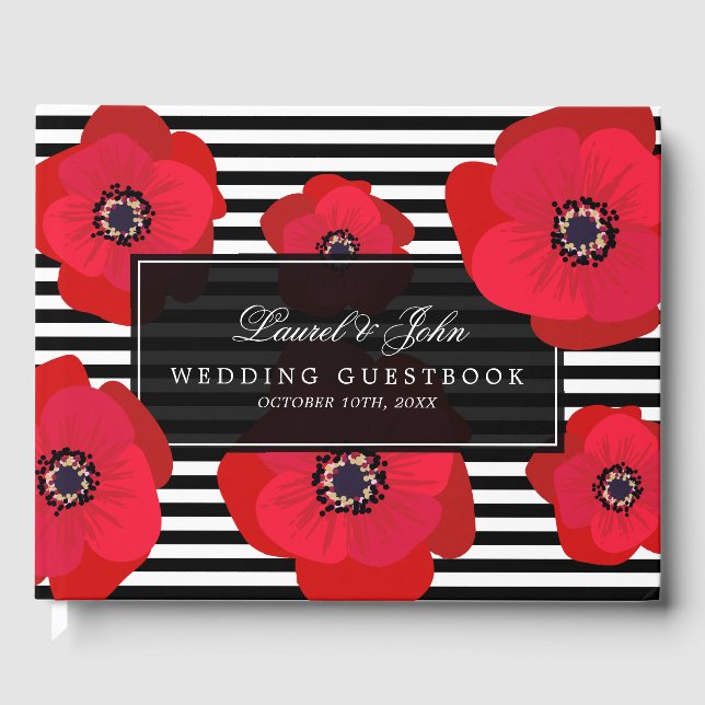 Livro De Visitas Poppies & Stripes - Casamento Preto e Vermelho (Frente)