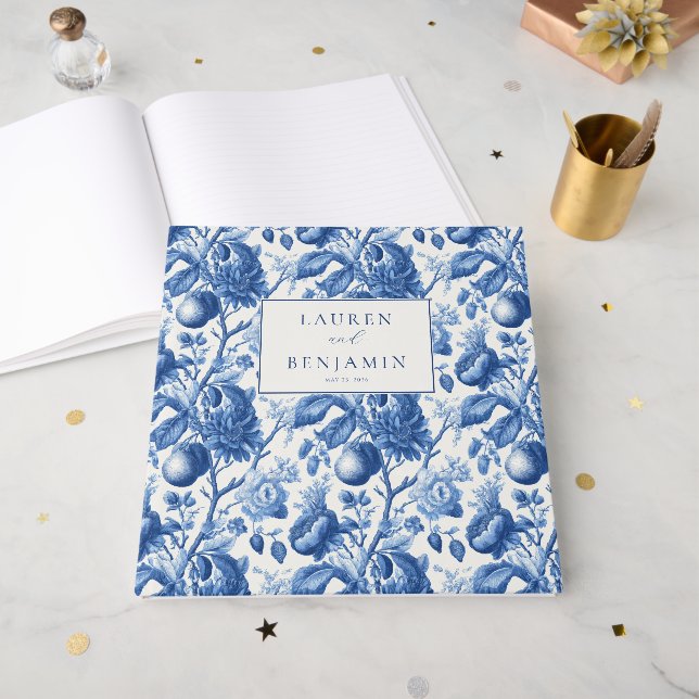 Livro De Visitas Porcelana Floral Azul Sofisticada (Frente aberta)