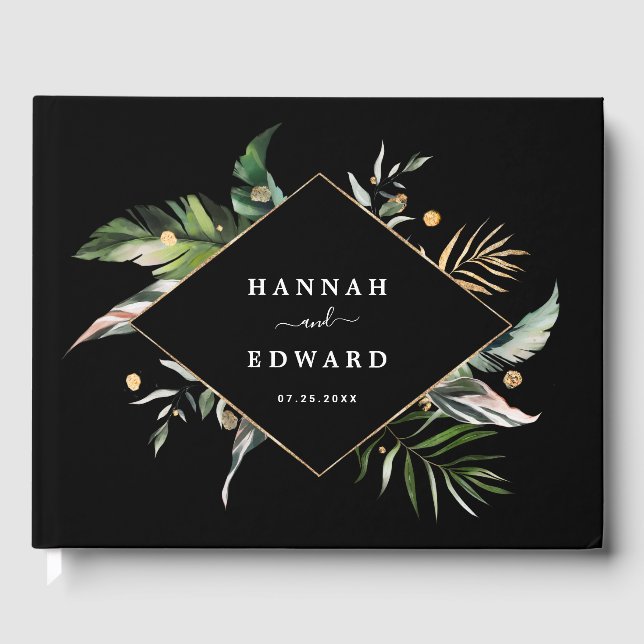 Livro De Visitas Preto de Casamento de Folhagem Tropical (Frente)