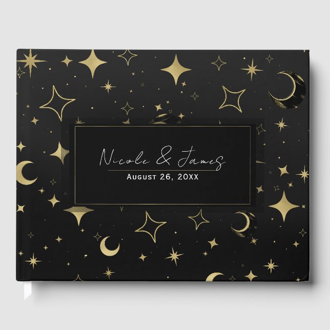 Livro De Visitas Preto e Dourado Moderno Celestial Lua Estrelas Cas (Frente)