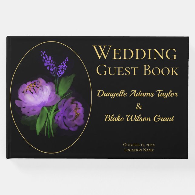 Livro De Visitas Preto Elegante & Dourado, Casamento Floral de Wate (Frente)
