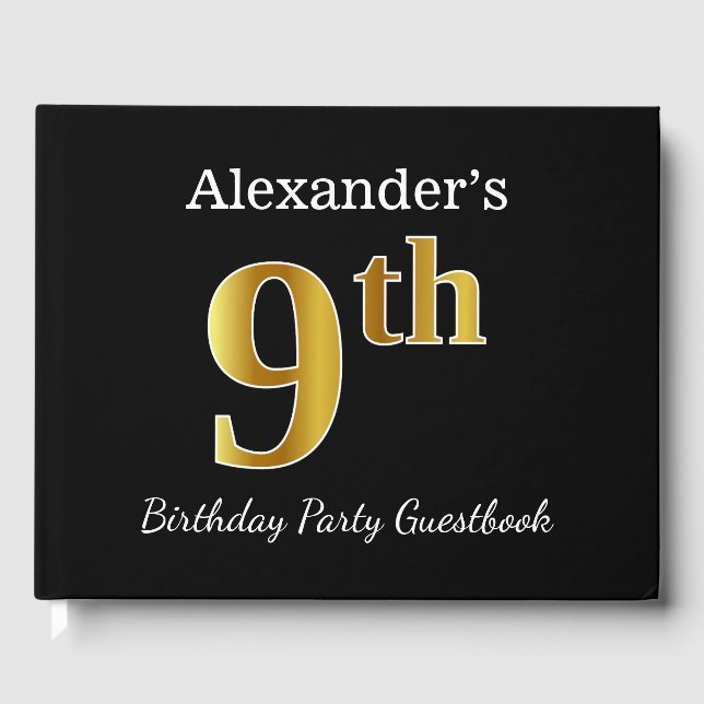 Livro De Visitas Preto, Faux Dourada 9ª Festa de aniversário + Nome (Frente)
