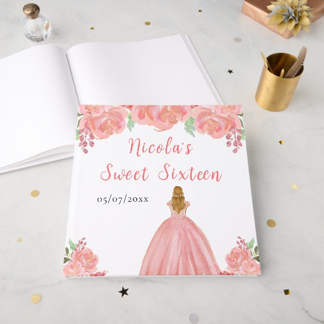 Livro de Visitas Princesa de Cabelo Loiro Rosa Doc (Frente aberta)