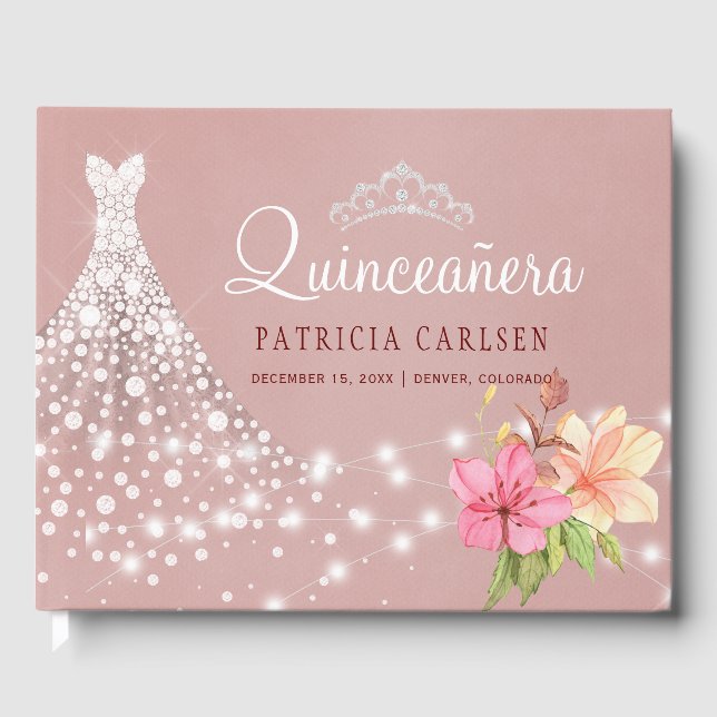 Livro De Visitas Princesa de Quinceanera diamante vestido floral (Frente)