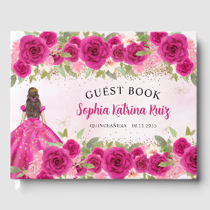 Livro De Visitas Princesa Floral Dourada Magenta Rosa Quentera