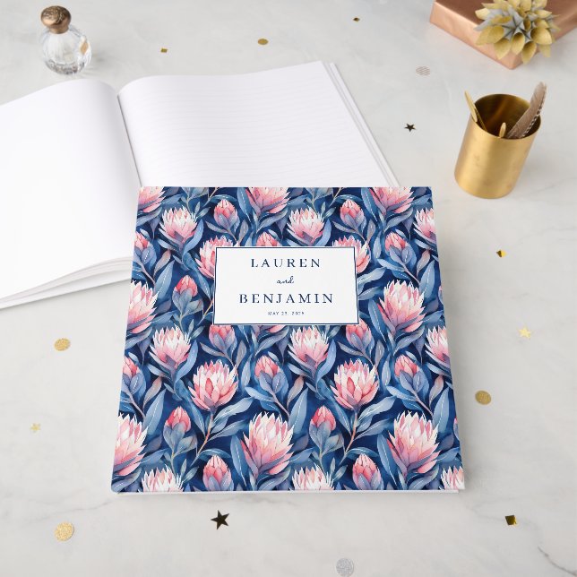 Livro De Visitas Protea Floral Azul e Rosa Alegre (Frente aberta)