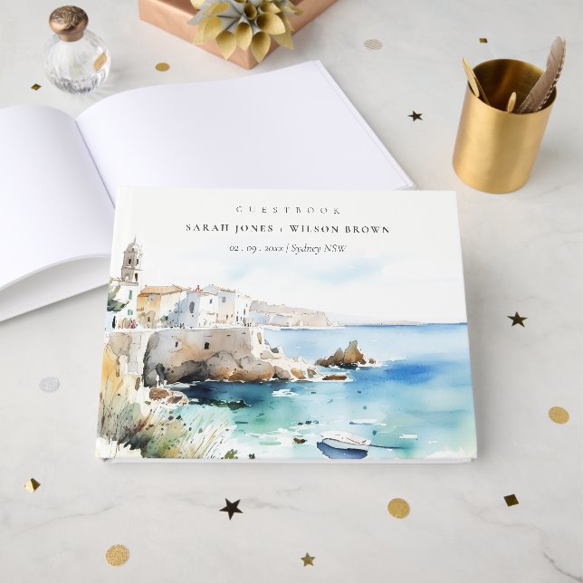 Livro De Visitas Puglia, Itália Paisagem em Aquarela Casamento (Frente aberta)