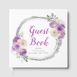 Livro De Visitas Purple and Silver Elegant Flowers Birthday Party