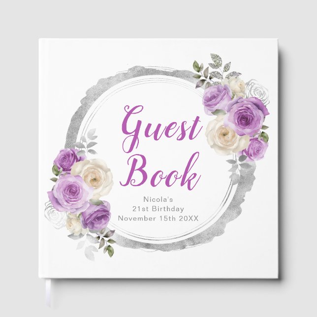 Livro De Visitas Purple and Silver Elegant Flowers Birthday Party (Frente)