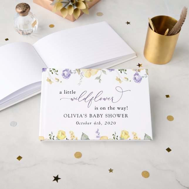 Livro De Visitas Purple Flowers, Yellow Flowers, Boho, Baby Shower (Frente aberta)