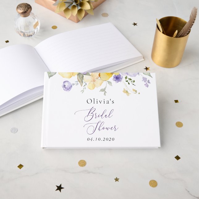 Livro De Visitas Purple Flowers, Yellow Flowers, Bridal Shower (Frente aberta)