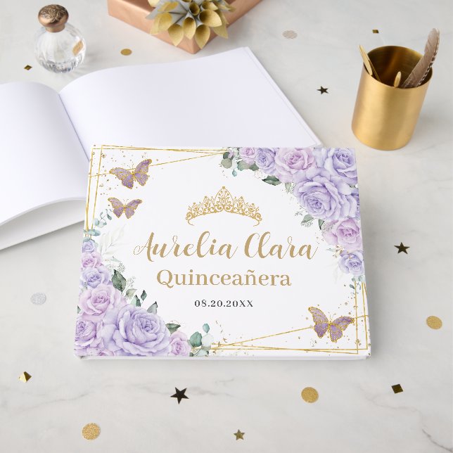 Livro De Visitas Purple Lilac Roses Floral Butterflies Quinceanera  (Frente aberta)