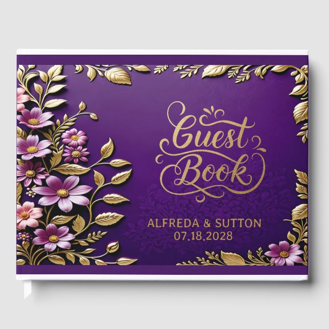 Livro De Visitas Purple Royal e ouro - metal elegante floral (Frente)