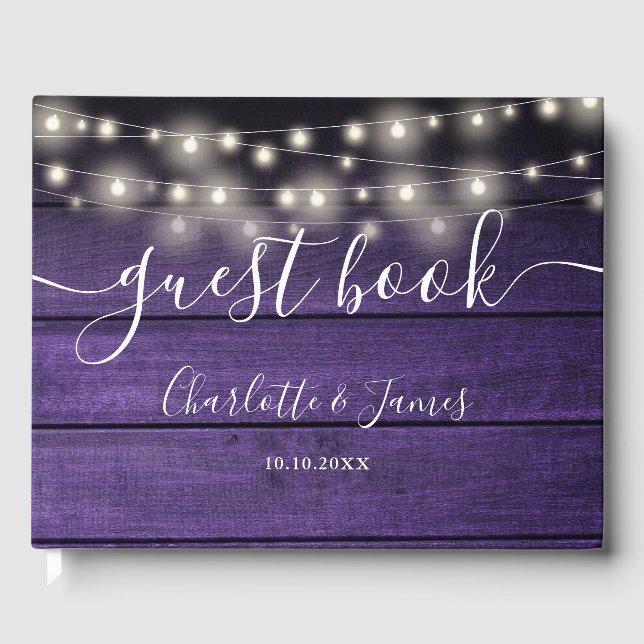 Livro De Visitas Purple Rustic Wood String Lights Photo Wedding (Frente)