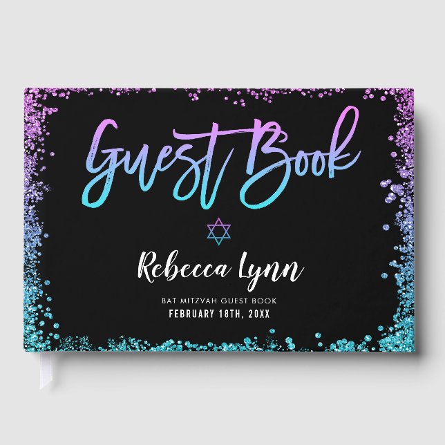 Livro De Visitas Purple Teal Faux Glitter Bat Mitzvah (Frente)