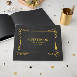 Livro De Visitas Quadro Dourado de Couro Preto