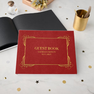 Livro De Visitas Quadro Dourado de Couro Vermelho Faux
